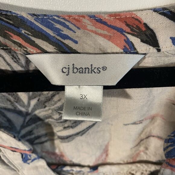 CJ Banks Linen Blend Top Womens 3X Shirt Floral Botanical Short Sleeve Button Up - Picture 3 of 10